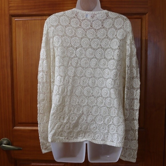 Vintage Red Peacock Hand Crochet White Lace Cardigan Cottagecore Boho Top LG - Picture 11 of 12